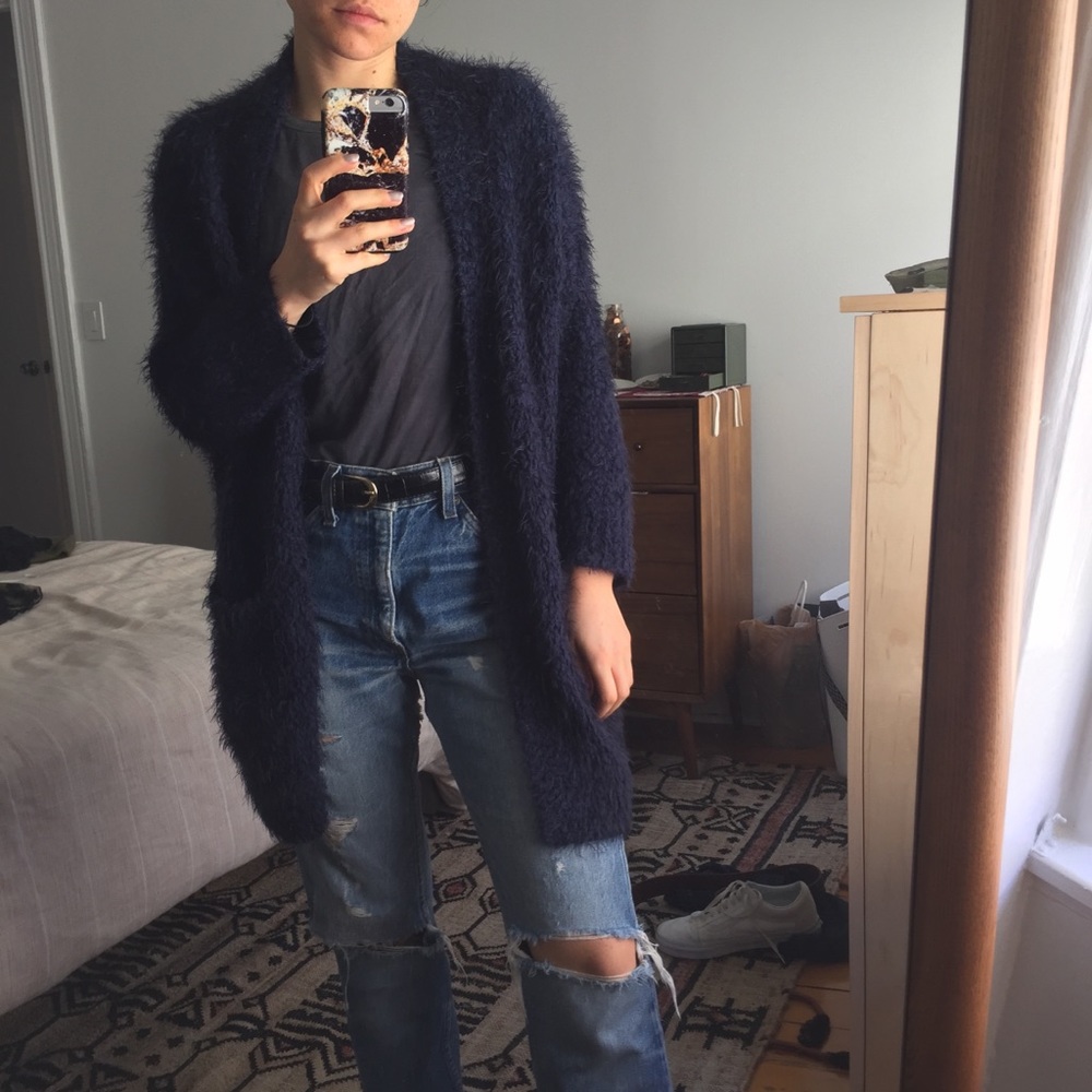 Fuzzy Navy Blue Open Cardigan Sweater